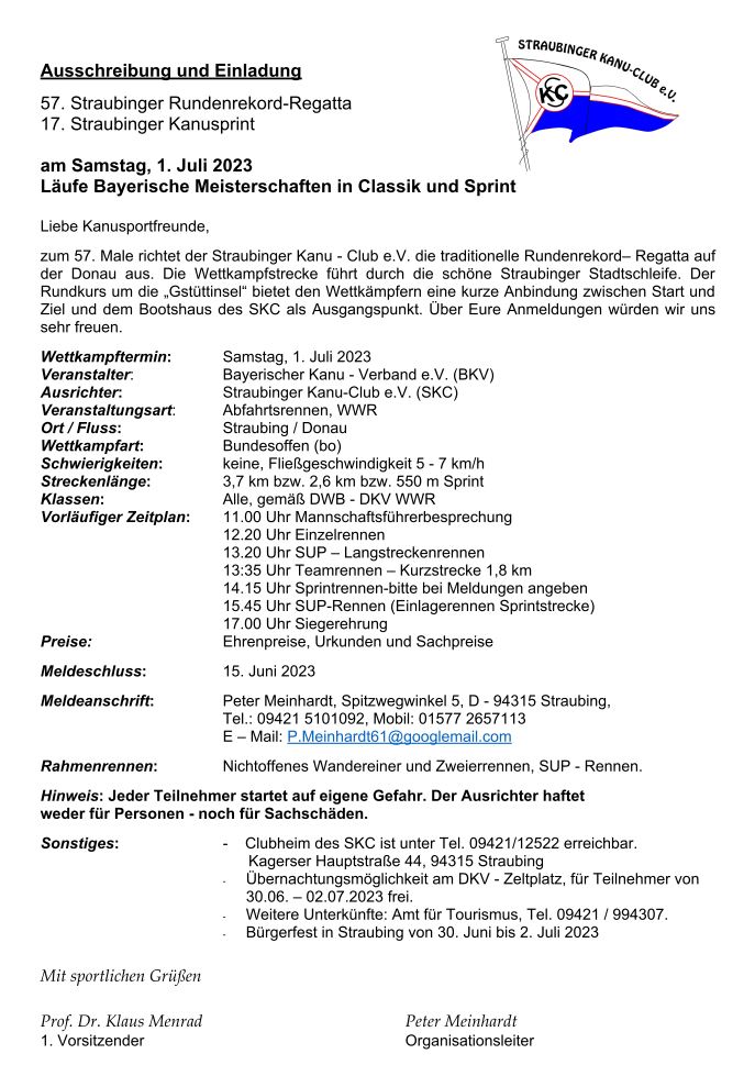 Ausschreibung 57. Rundenrekordregatta in Straubing